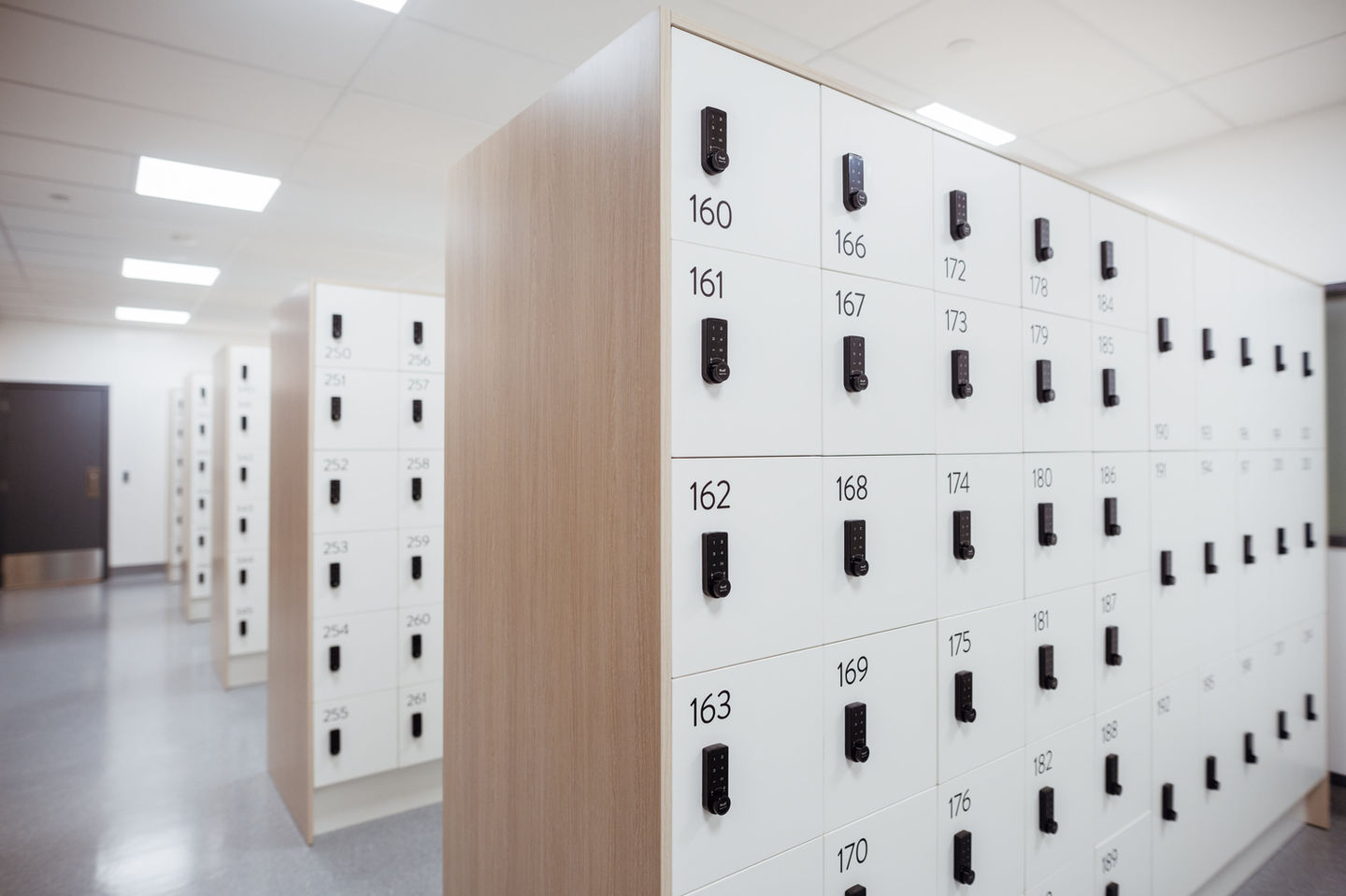 Rows of lockers with numbers on them in a well-lit hallway.