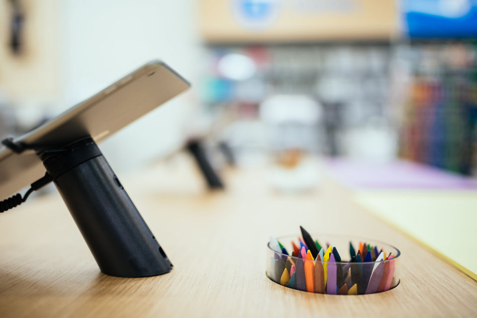 Pencils on display, a close up view on a wooden table