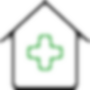 Green cross symbol and house represent health care and medical services.